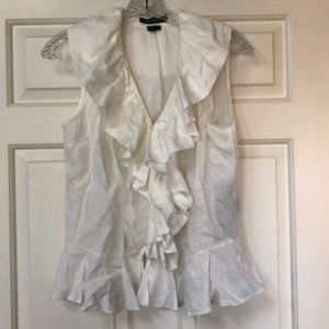 Lauren RL White Linen Sleeveless Ruffle Top Vest